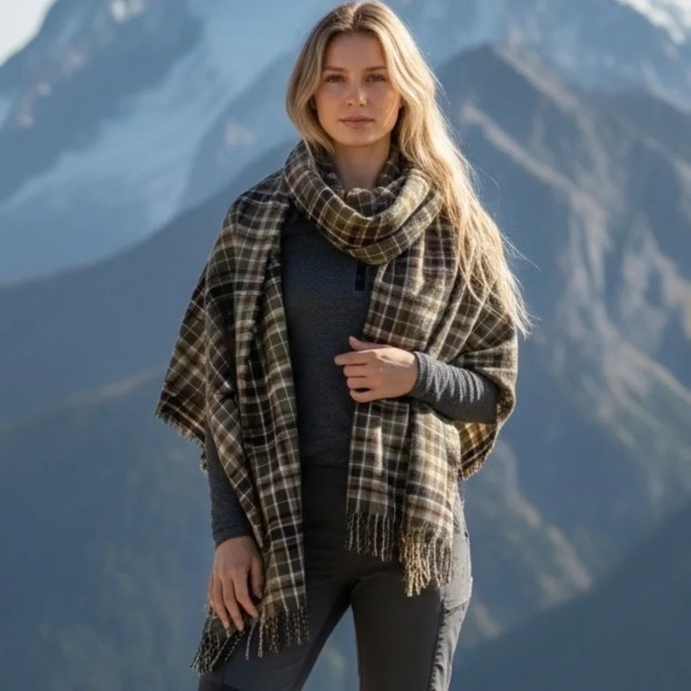 Wilfred Aritzia 100% Wool Diamond Mosaic Blanket Scarf Plaid Olive Green 51x61